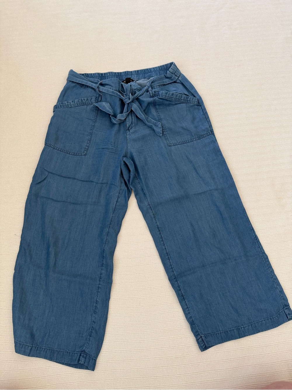 Joe Fresh 100% Tencel Wide Leg Pants Tie Waist Chambray Denim Culottes 10 BeS2